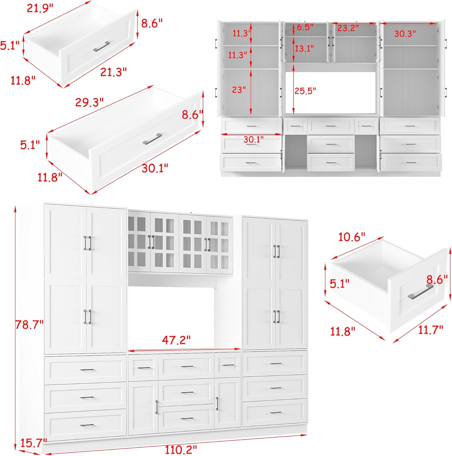 ECACAD 110.2" W Kitchen Pantry with Glass Doors & Open Countertop, Large Cupboard Storage Cabinet with Adjustable Shelves & 11 Drawers for Living Room, Dining Room, White