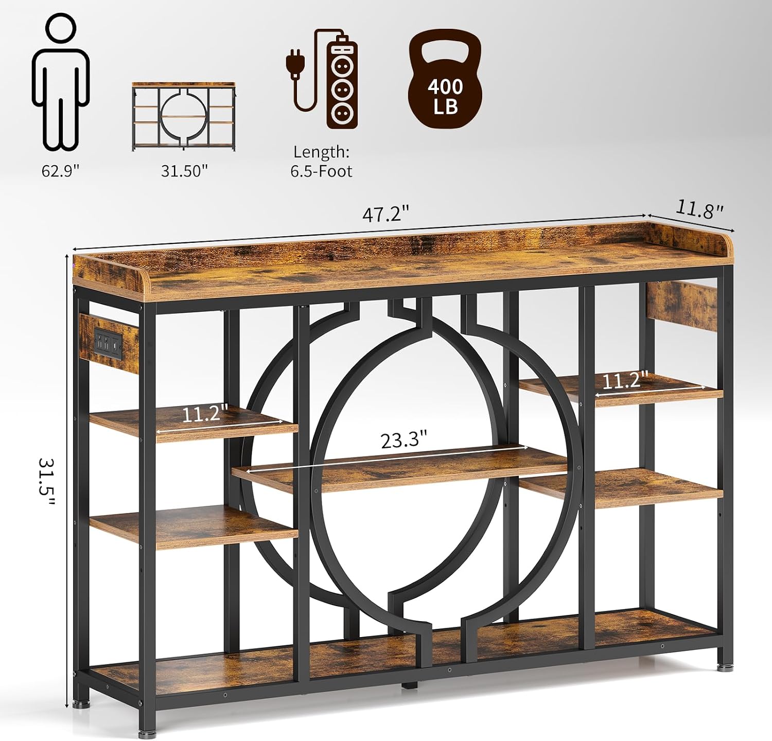 GOLDDAY 47.2 Inch Console Tables with Charging Station and LED Light, 4 Tier Rustic Brown Industrial Sofa Table with storage for Entryway, Wooden Shelves Entry Table for Hallway, Entrance, Living Room