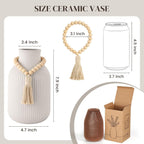 JOHOUSE White Ceramic Vase, 7.9 Inch Boho Ribbed Vase with Wooden Beads Tassel for Pampas Grass, Wedding Centerpiece, Coffee Table, Bedroom & Apartment, Neutral Farmhouse Decor