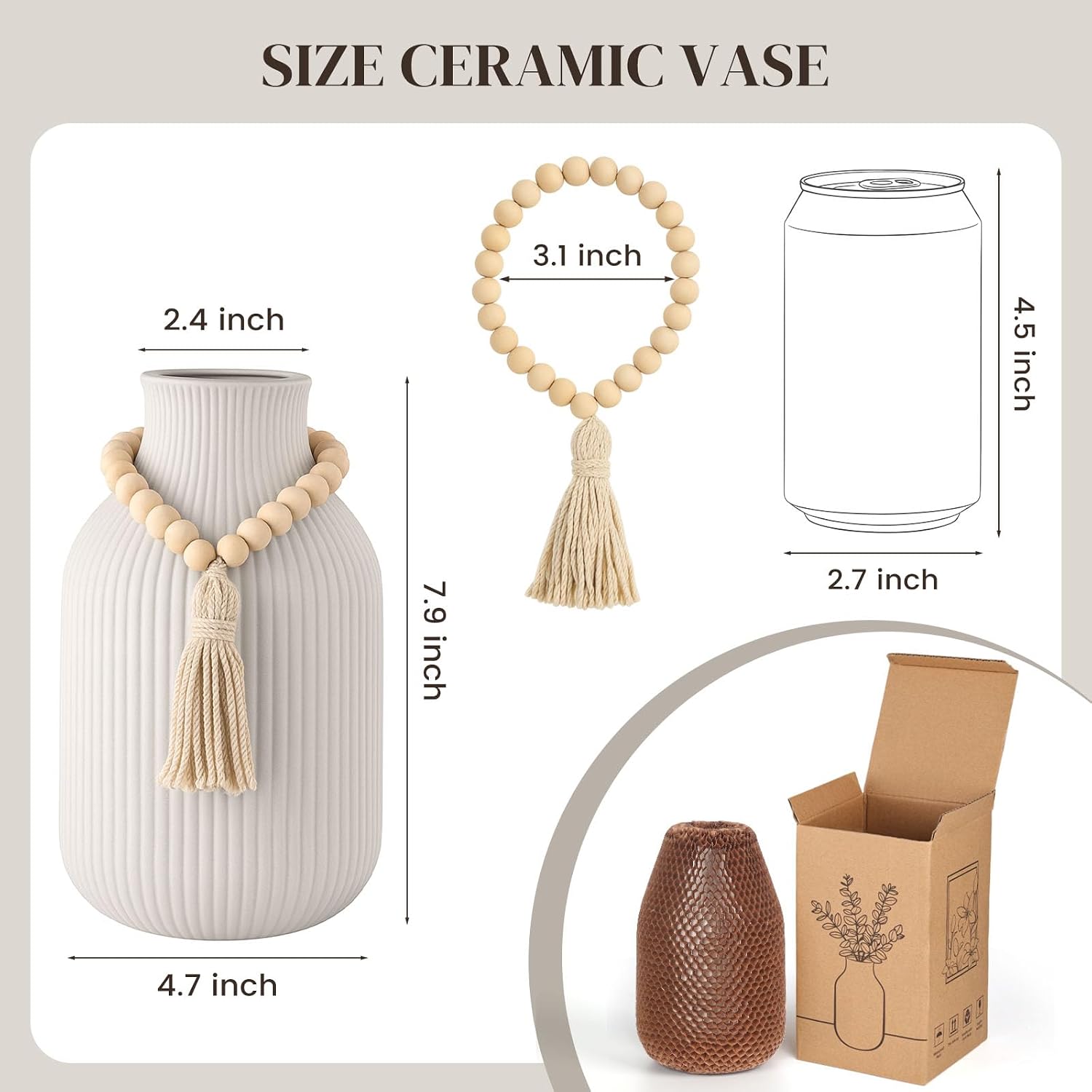 JOHOUSE White Ceramic Vase, 7.9 Inch Boho Ribbed Vase with Wooden Beads Tassel for Pampas Grass, Wedding Centerpiece, Coffee Table, Bedroom & Apartment, Neutral Farmhouse Decor