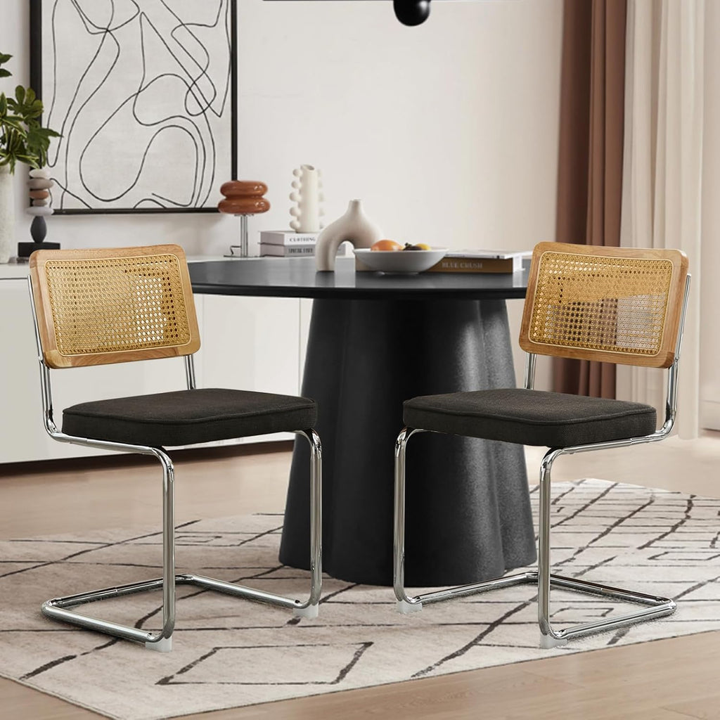 Rattan Dining Chairs Set of 4,Upholstered Mid-Century Modern Dining Room Chairs with Cane Backrest,Retro Linen Kitchen Chairs with Stainless Chrome Base,Black