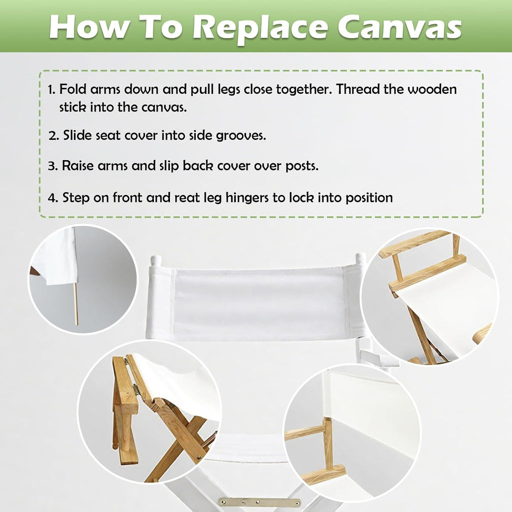 STAY GENT 18''L X 15''W 2 Set Directors Chair Replacement Canvas for 18'' Director Chairs, Replacement Cover Canvas Seat and 19.7''L X 6.3''W Back Covers Kit for Director Chairs Movie Chair, White