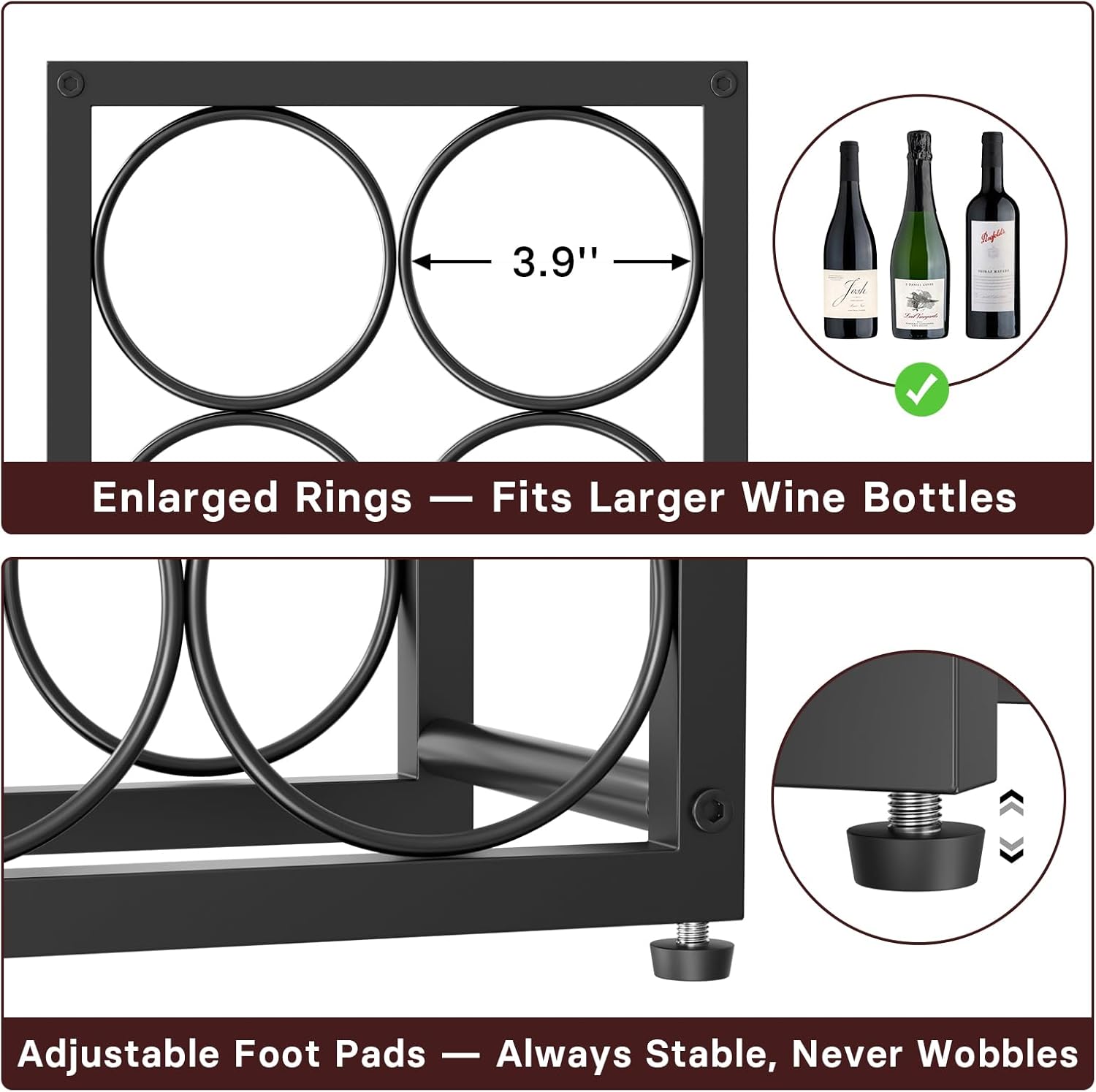 Metal Countertop Wine Rack 6 Bottles, Fits Large Wine Bottles | Free Standing