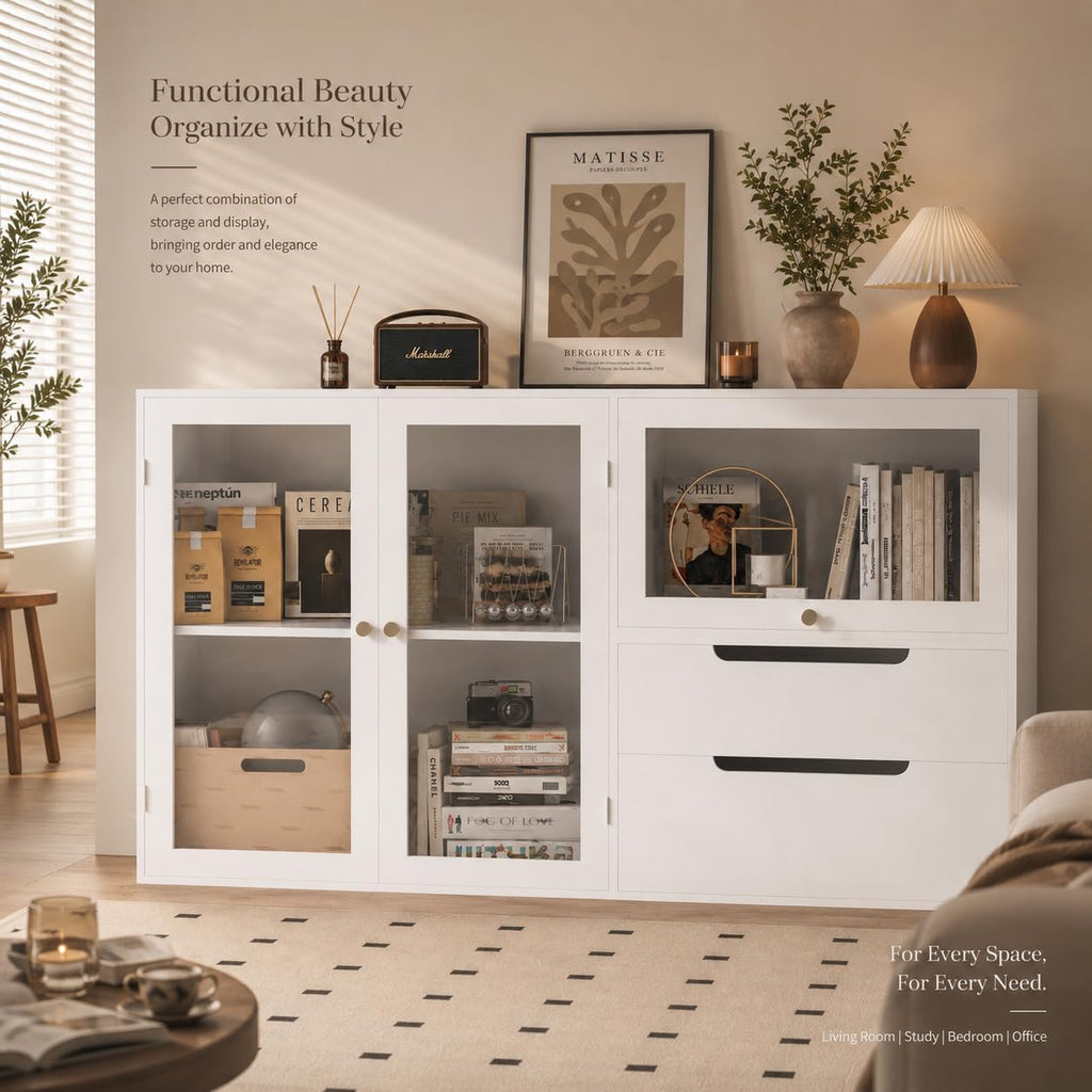 Easyego 63‘’Storage Cabinet,Sideboard Buffet Cabinet with Glass Doors and Drawers,Modern Wood Coffee Bar for Kitchen, Living Room,Dining Room，Entryway (White)