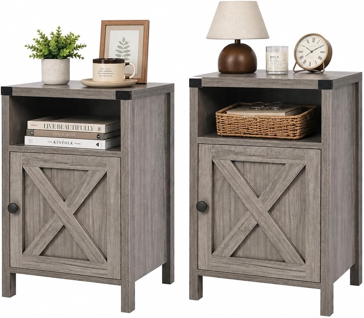 Catrimown Farmhouse End Table, Nightstand Set of 2, Rustic Night Stand with Barn Door and Storage Shelf, Gray End Table, Side Table for Bedroom Living Room, Gray Wash