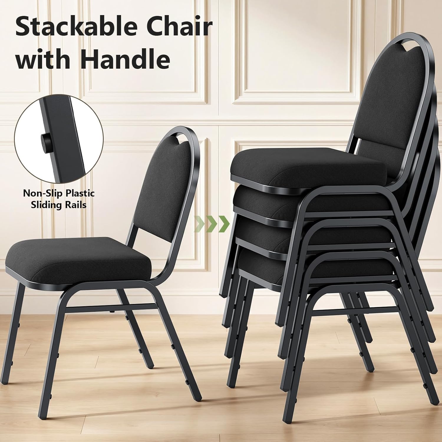 Dining Chairs Set of 4, Assembly-Free Stackable Kitchen Chairs, Modern Fabric Upholstered Chairs with Metal Frame for Living Room/Bedroom/Office/Farmhouse, Black