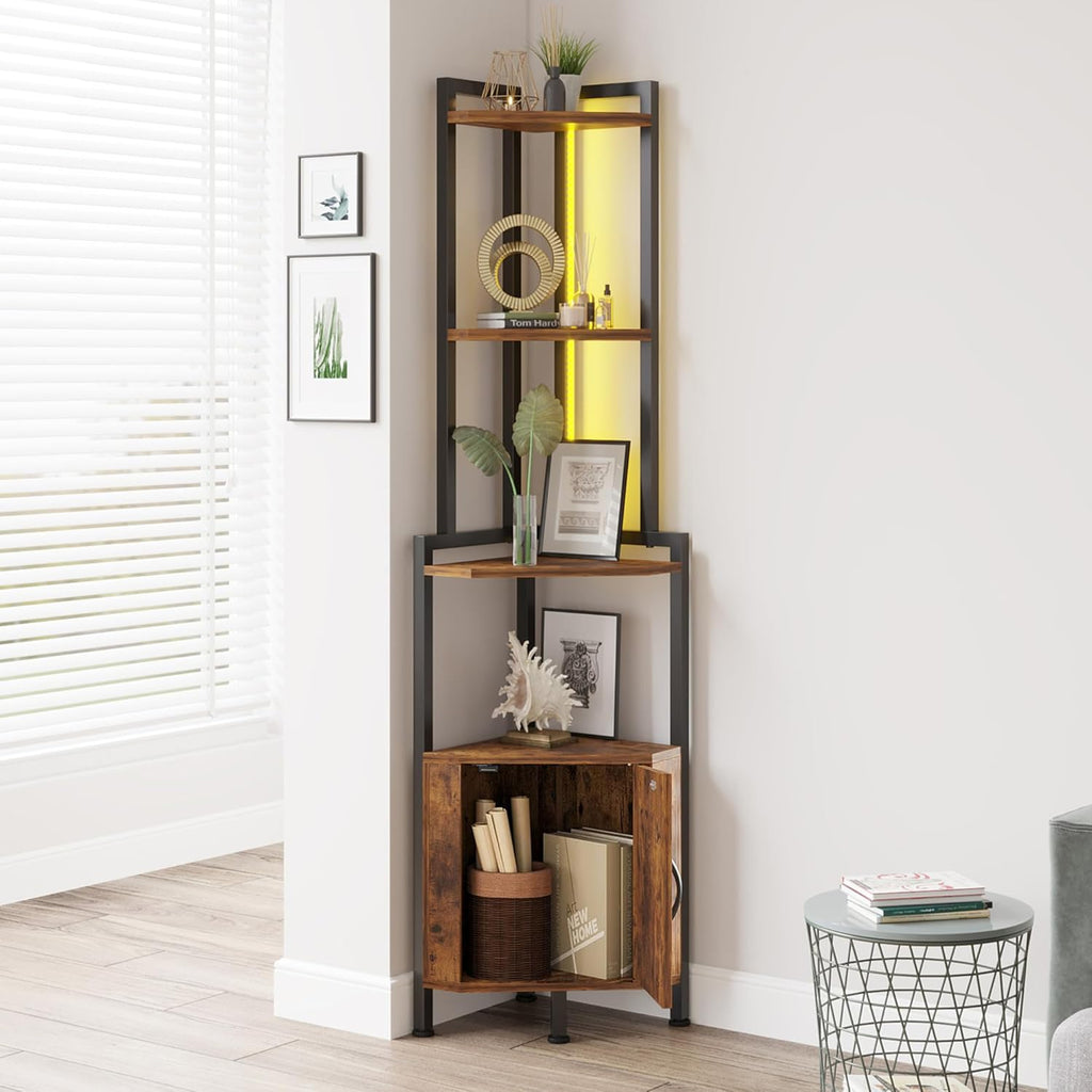 5-Tier LED Corner Cabinet Shelf, Rustic Brown Space-Saving Storage Organizer with Ambient Lighting, Freestanding Modern Farmhouse Shelf for Small Spaces