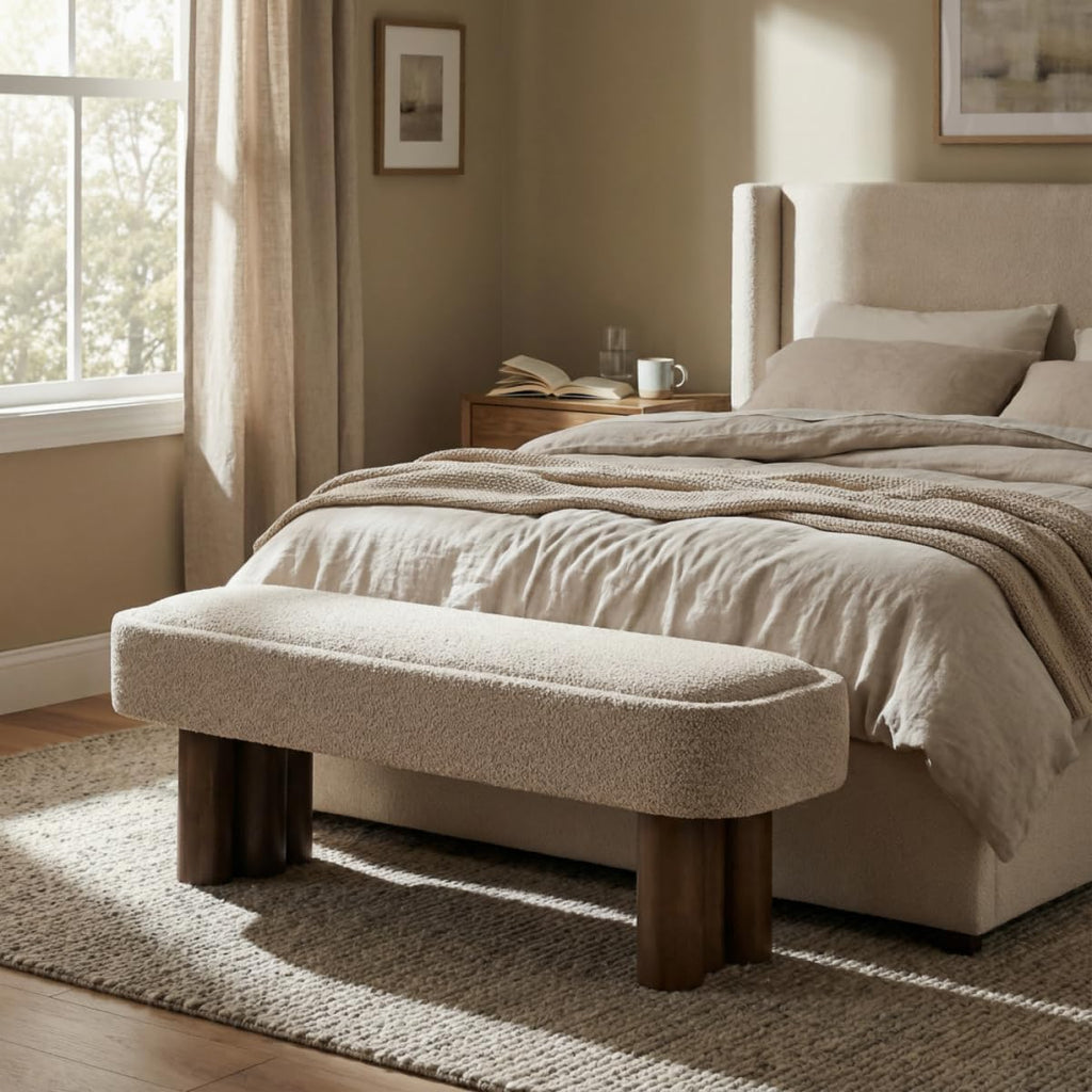 Khaki Boucle Upholstered Dining Bench with Walnut Legs, 51.57"L | Seats 2-3 People, 250 lbs Capacity, Foam-Padded Cushion, Rubberwood & Plywood Frame, 51.57L x 17.52W x 18.7H cm