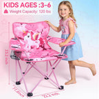 Huskfirm Padded Kids Camping Chair Folding Toddler Chair with Cup Holder & Safety Lock Portable Kids Beach Chair Ages 3-6 for Outdoor Camping Foldable Kids Chair Support 120lbs,Pink Unicorn