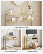 VASAGLE 39.4 Inch Console Sofa Table, Modern Entryway Table, Tempered Glass Table, Metal Frame, 2 Shelves, Adjustable Feet, for Living Room, Hallway, Gold Color ULGT025A01