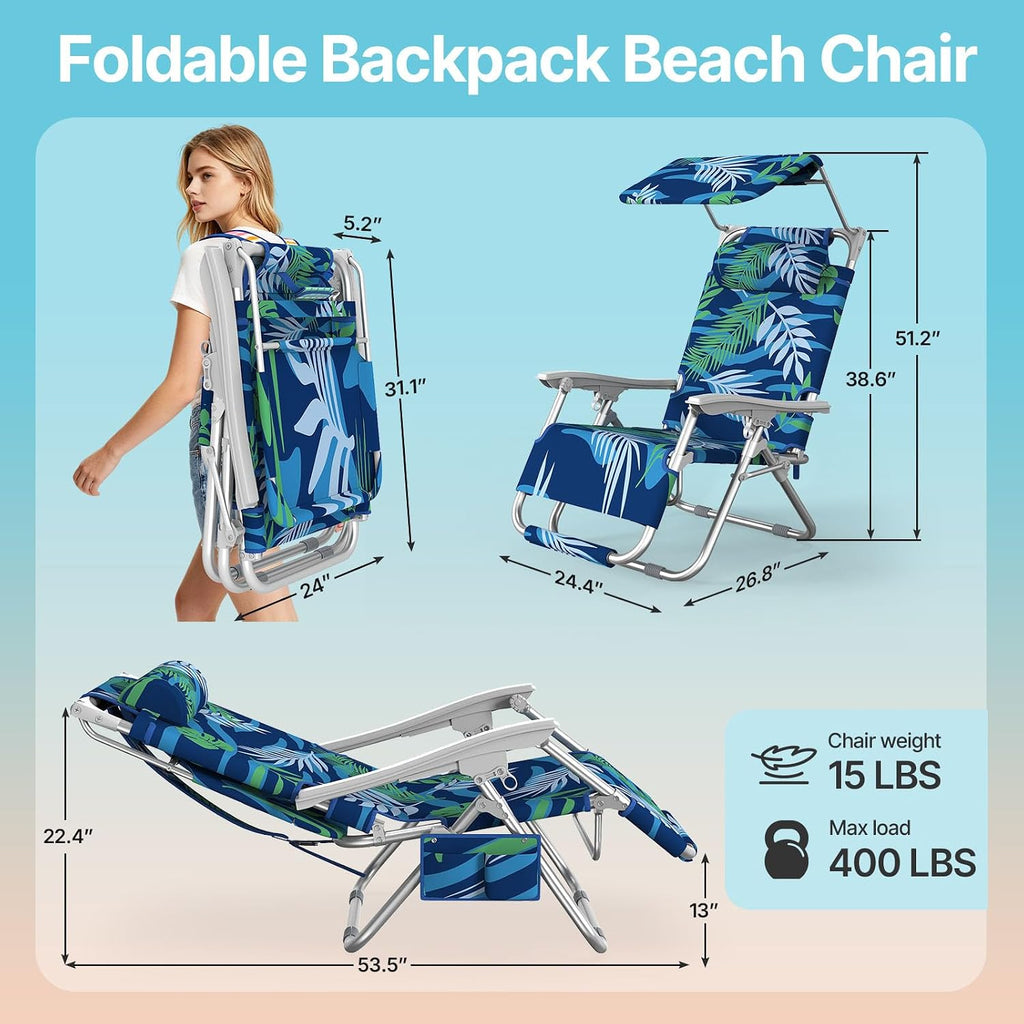 Suteck Zero Gravity Beach Chair with Canopy, Backpack Beach Chairs for Adults, Lightweight Adjustable Reclining Beach Chair with Shade, Folding Lay Flat Chair for Beach Poolside Outdoor