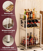 3-Tier Wine Rack Freestanding Floor with Wood Top, Liquor Stand with Wine Bottle Holder, Corner Wine Bar Table for Small Space, Metal Whiskey Shlef for Kitchen, Cellar, Living Room, White