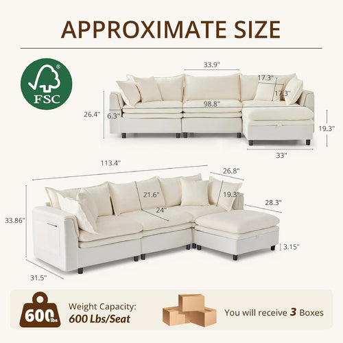 113.4'' Modular Sectional Sofa with Storage Ottoman, Oversized L Shaped Cloud Couch, Modern Comfy Chenille Deep Seat Sleeper Sofa, 4 Seat Convertible Couches for Living Room, Beige