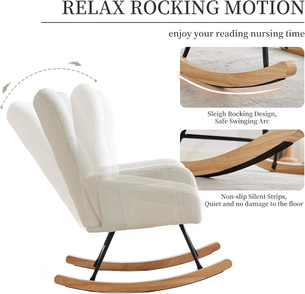IDEALHOUSE Modern Nursery Rocking Chair, 300lbs Support Teddy Upholstered Glider Rocker with Side Pockets, High Backrest, Armrests, Metal Legs & Wood Base for Living Room, Bedroom Office