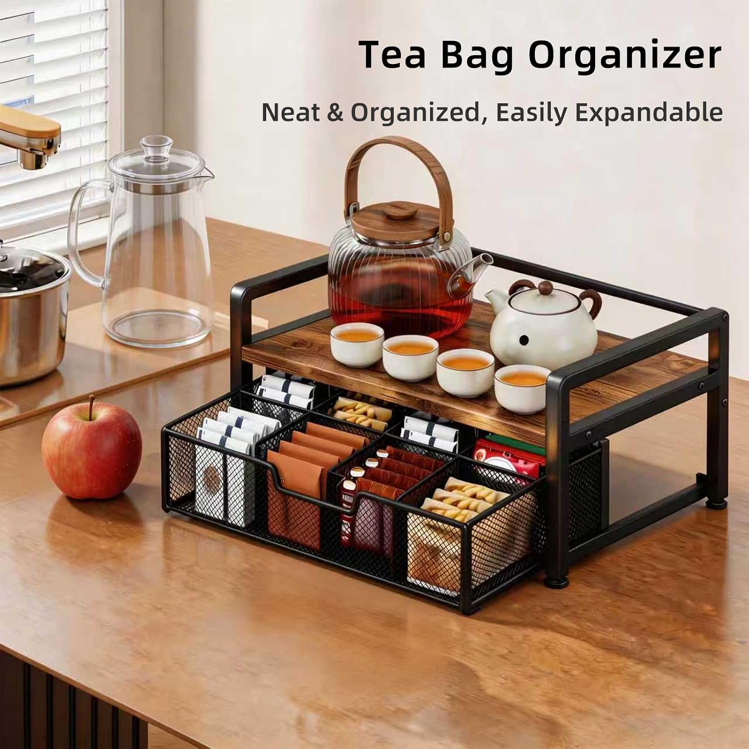Tea Bag Organizer with 8-Compartment Mesh Drawer, Rustic Brown | Wood & Metal Holder, Spacious Storage Capacity, Smoothly Sliding Drawers, Divided Compartment Storage, Multi-Scene Use
