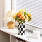 Black and White Checkered Vase Small 8 Inch Height Modern Checkered Decor Ceramic Black and White Flower Shaped Decorative Vase for Office, Bedroom, Home Decor