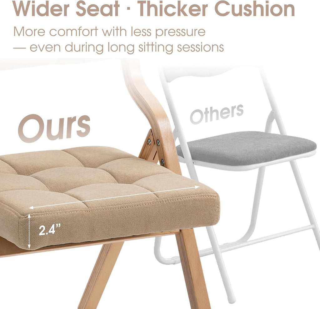 Padded Folding Chair,Folding Chair with Cushion 2 Pack,Wooden Folding Chairs and Comfortable Chairs Seat for Indoor, Kitchen, Office, Wedding Party and Dining Khaki