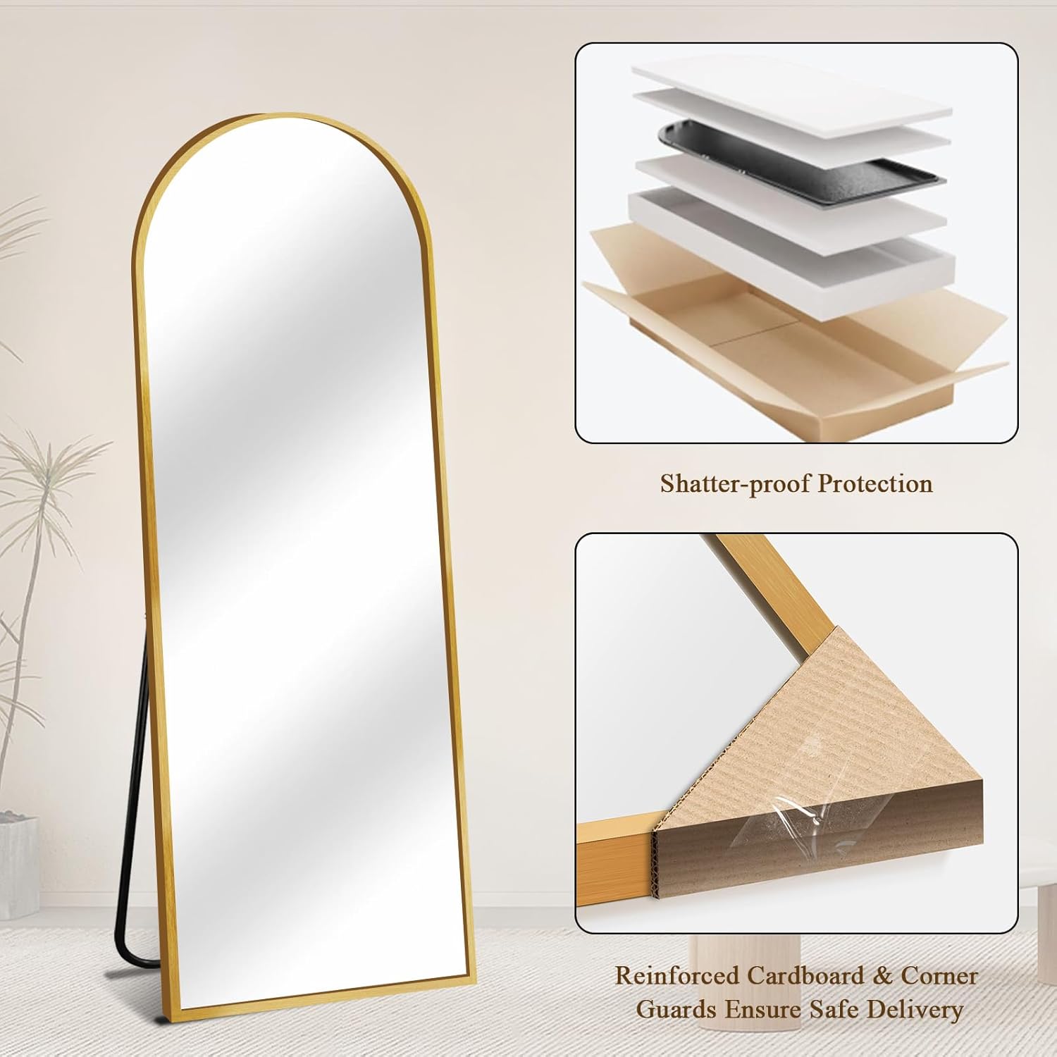 57"x19" Full Length Mirror, Arched Full Body Standing Mirror, Leaner Floor Mirror, Anti-Shatter Glass & Thin Alloy Frame, for Bedroom Living Room Entryway, Gold