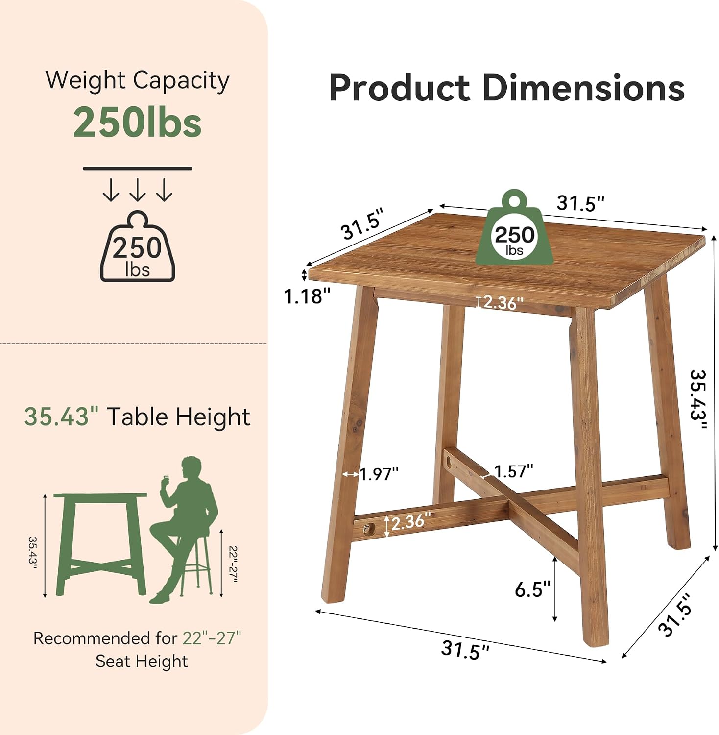 Solid Wood Bar Table, Farmhouse 31.5 Inch Square Counter Height Bistro Table with Footrest, Commercial Pub High Top Cocktail Furniture for Restaurant Cafe Bar, Brown