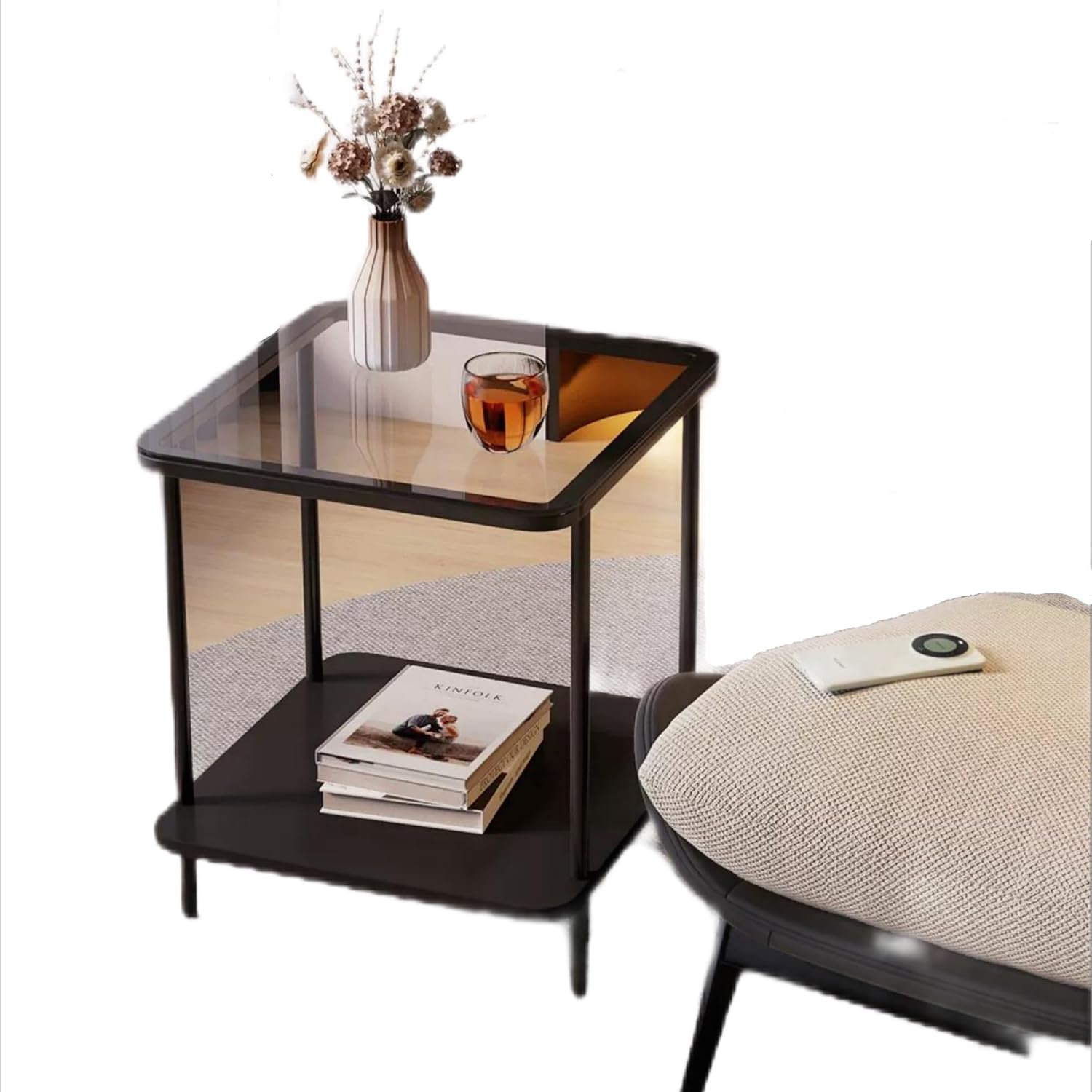 EASYSOUL Small Square Glass Coffee Tables for Living Room, 15.75 x 15.75 x 20.87 in, Side Table with 2 Drawers, Simple & Modern Nightstands for Small Space, Black End Tables (Black)