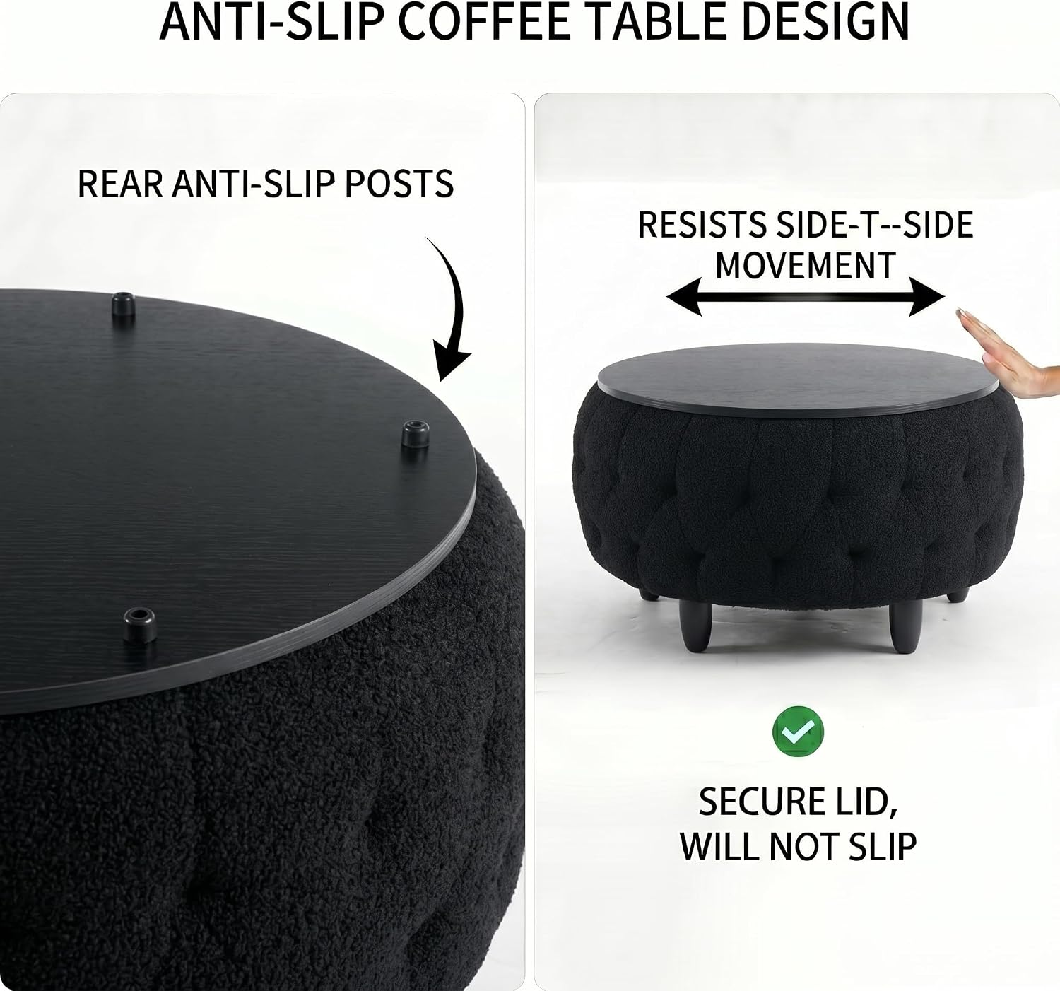 Large Round Storage Ottoman Coffee Table with Wooden Tabletop, 32 Inches Teddy Fleece Tufted Ottoman for Living Room, Bedroom, Apartments (Black)