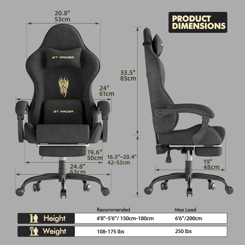 Gaming Chair with Footrest Massage Lumbar Cushion, Velvet Fabric Ergonomic Computer Office Chair, High Back Adjustable Recliner for Adults, Racing Style Video Gaming Chairs, for Home Streaming, Black