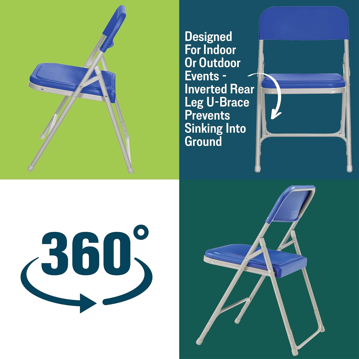 National Public Seating 800 Series Steel Frame Premium Light Weight Plastic Seat and Back Stacking Folding Chair with Double Brace, 480 lbs Capacity, Blue