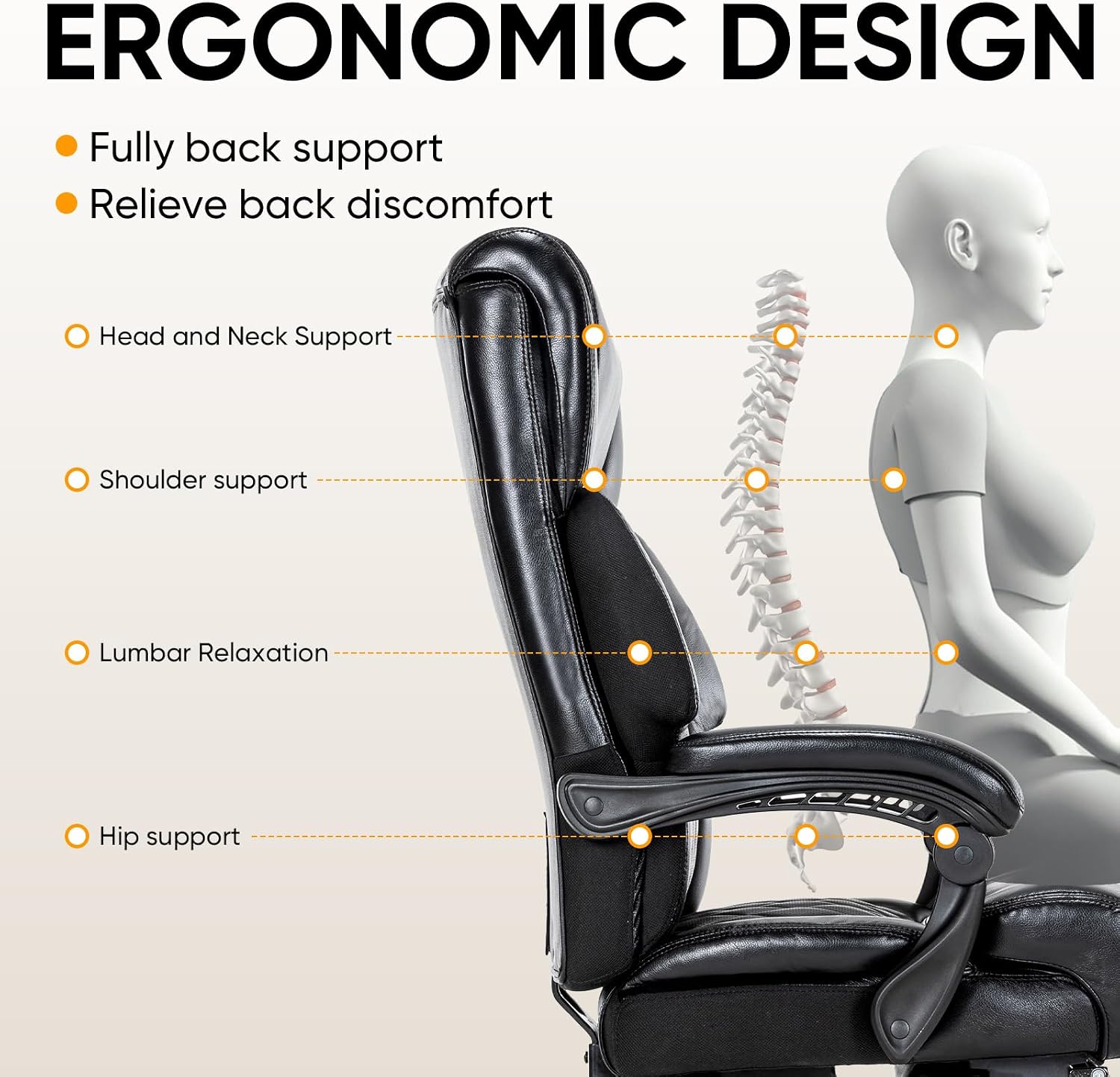 Big and Tall Executive Office Chair 500lbs Heavy Duty PU Leather Desk Chair, Adjustable Height 90°-155° Reclining High Back Computer Chair with Pull Out Footrest & Silent PU Casters for Home Office