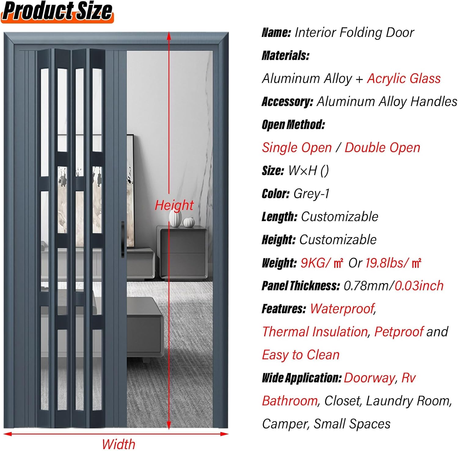 Foldable Sliding Barn Door Style Gray Aluminum Accordion Door for Bedroom Kitchen Bathroom Living Room Hallway Closet 73x80in