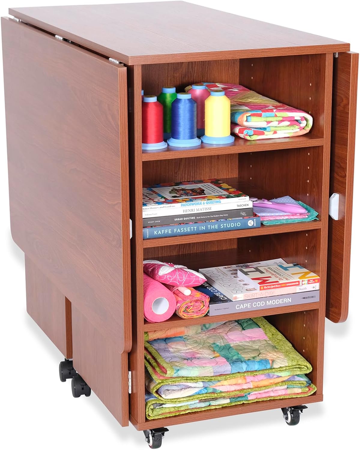 Kangaroo Kookaburra Cutting Table – Large Sewing, Quilting & Craft Workstation with Expandable 70” x 40” Surface, Storage Drawers, Shelves & Rolling Locking Casters, Teak Finish