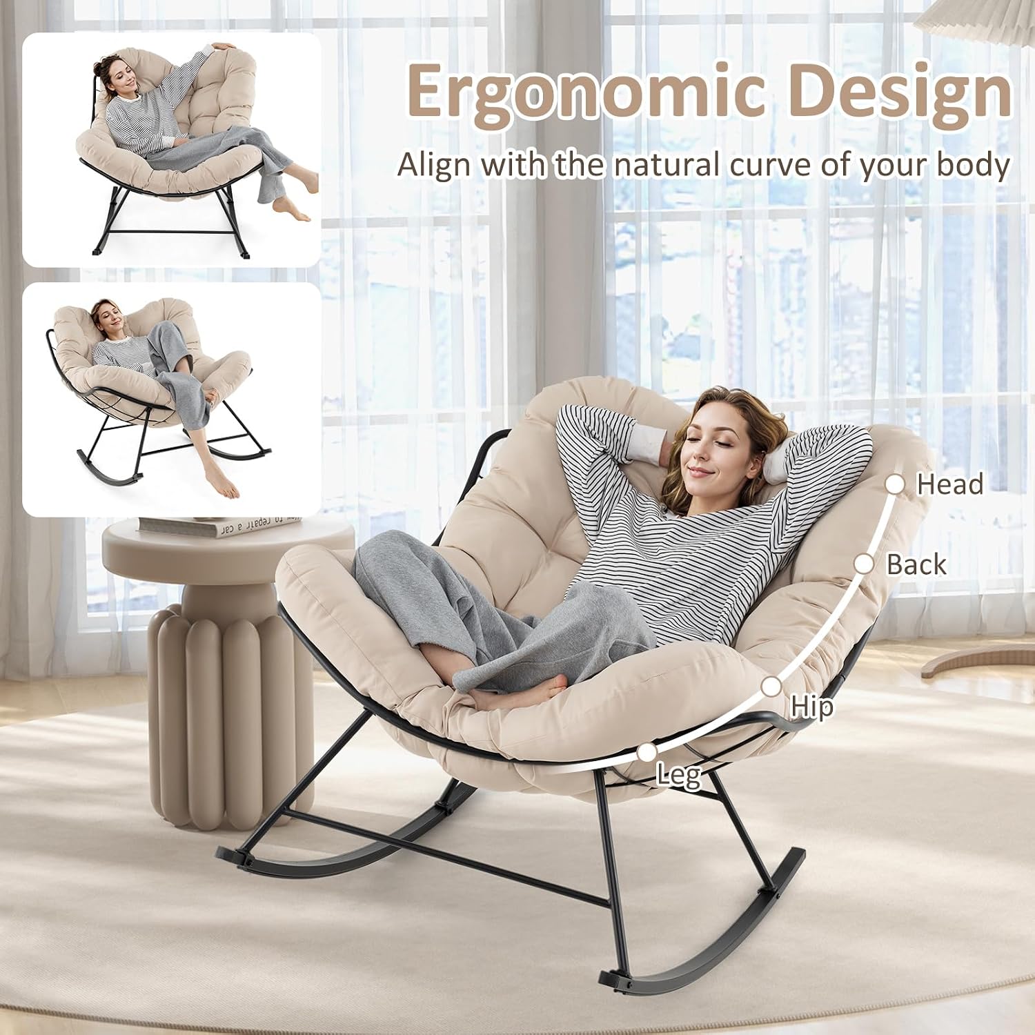 Giantex Outdoor Rocking Chair, Indoor Oversized Egg Papasan Chair with Padded Cushion, Patio Rocker Chair w/Metal Frame for Porch Garden Backyard, 450 lbs Capacity, Beige