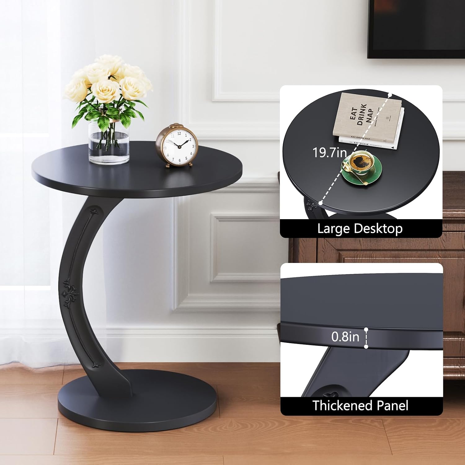 C-Shaped Solid Wood Round End Table - Side Table for Couch, Sofa Tables Slide Under Couch for Living Room, Small Nightstand for Small Space, Black