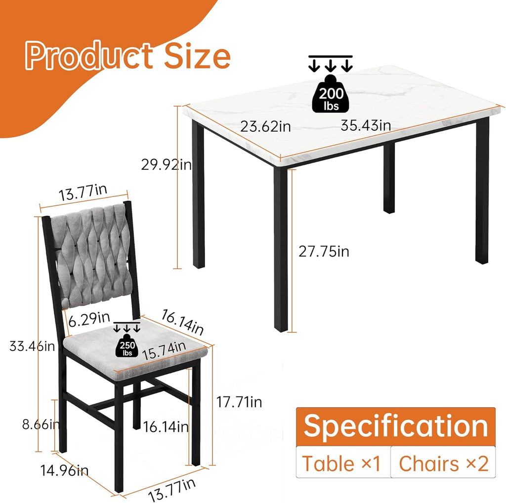 AWQM 3 Piece Dining Table Set for 2, Small Kitchen Dining Table with Upholstered Chairs, Compact Dining Table Set for Small Spaces, Space for Dining Room, Living Room, Apartment (White+Gray)