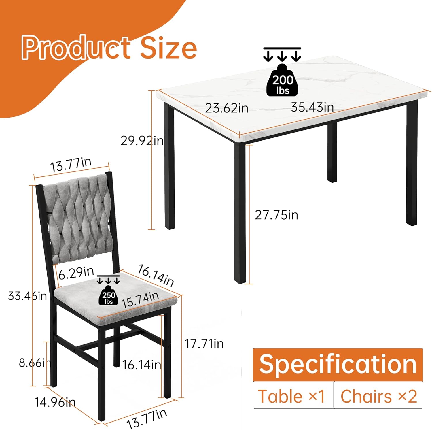 AWQM 3 Piece Dining Table Set for 2, Small Kitchen Dining Table with Upholstered Chairs, Compact Dining Table Set for Small Spaces, Space for Dining Room, Living Room, Apartment (White+Gray)