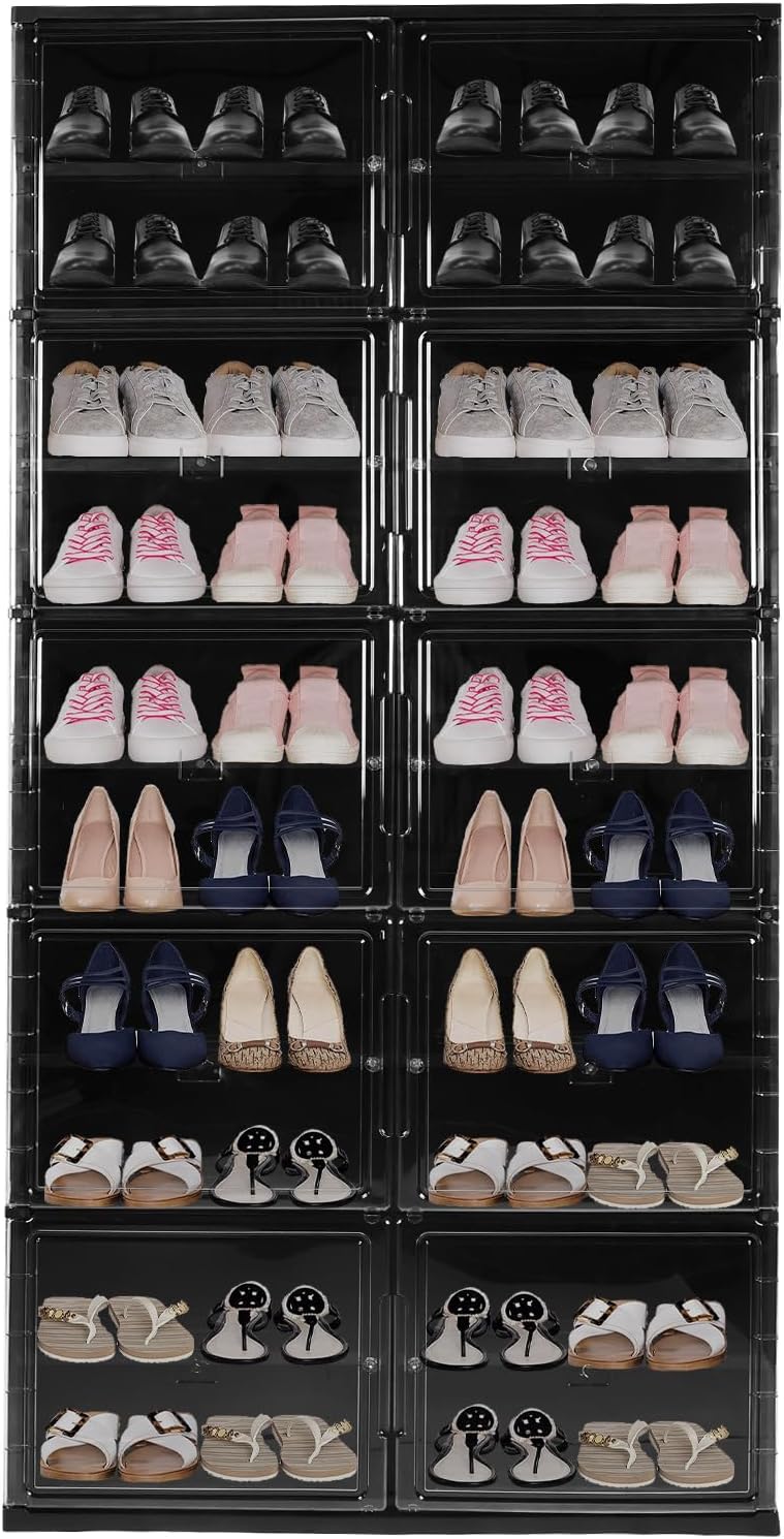 10 Tiers 40 Pairs Easy Assembly Shoe Shelves Organizer with Doors Foldable Shoes Rack Organizer for Closet Entryway Living Room