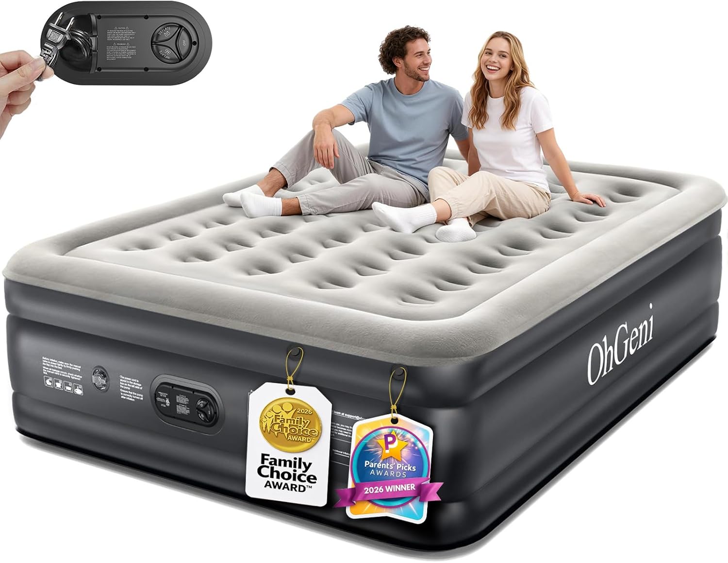 OhGeni Air Mattress Queen with Built in Pump, 18" Raised Inflatable Blow Up Mattress, Upgraded Surface Portable Bed for Home, Camping, Colchone Inflable, Ideal Sleep Solution for Guests