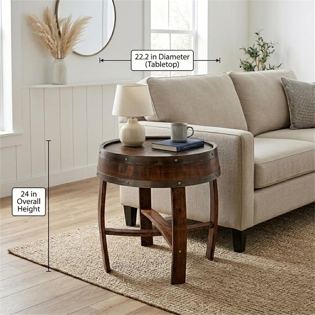 Rustic Round End Table, Whiskey Barrel End Table, Handcrafted Solid Farmhouse Side Table, 22.2" Dark Oak Accent Table for Living Room, Bedroom & Home Bar