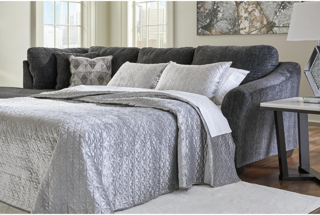Signature Design by Ashley Biddeford Sleeper Sectional, Pull Out Couch with Chaise, Velvet Upholstery, Full Size Memory Foam Mattress for Living Rooms, L Shape, Shadow Gray, 118" W
