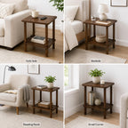 Solid Wood End Table, 2-Tier Side Table with Storage Shelf, Rubber Wood Nightstand for Living Room and Bedroom, Walnut Brown
