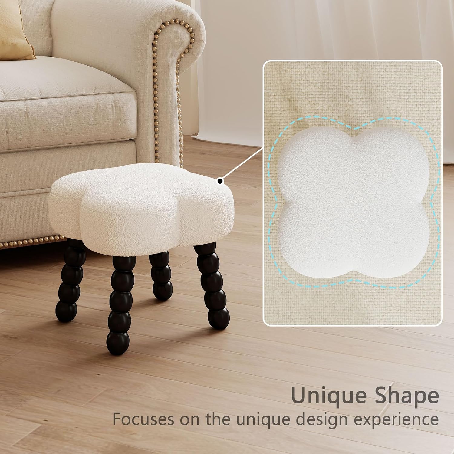 White Ottoman, Small Footrest with Storage Space, Unique Shaped Ottoman with Wood Legs，Faux Teddy Fur(Clover-White)