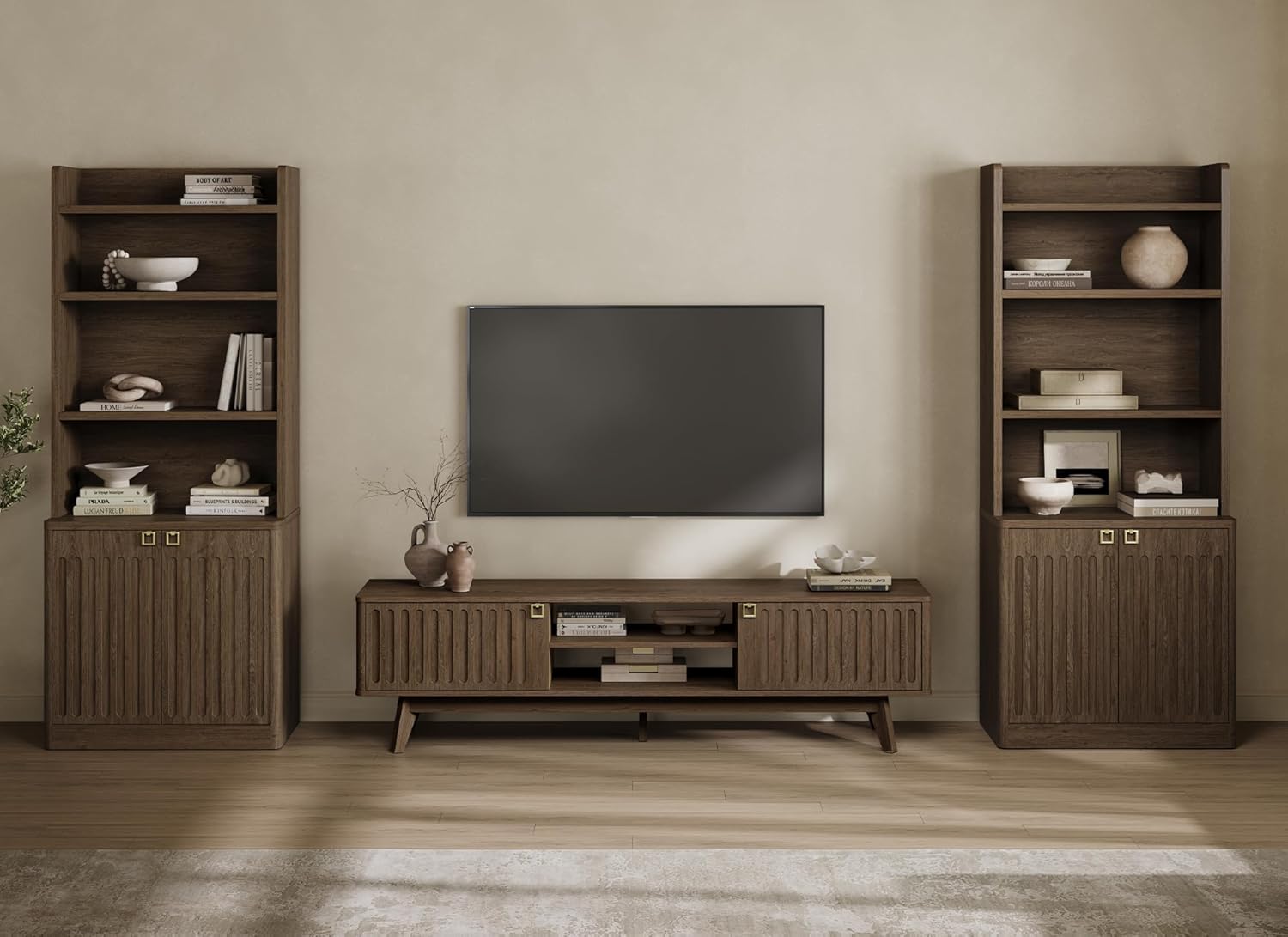 SICOTAS 70" Long TV Stand for Living Room, Modern TV Stand Entertainment Center with 2 Storage Cabinets, Mid Century Fluted-Door Media Console Table for 50/60/70/80 Inch TV, Coffee Oak