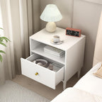 Modern White Nightstand with Drawer & Open Shelf - Gold Knob Bedside Table for Bedroom & Living Room (White)