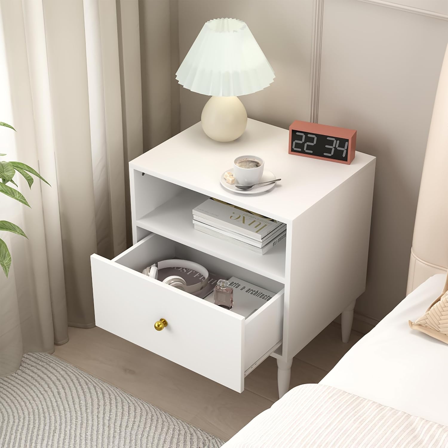 Modern White Nightstand with Drawer & Open Shelf - Gold Knob Bedside Table for Bedroom & Living Room (White)