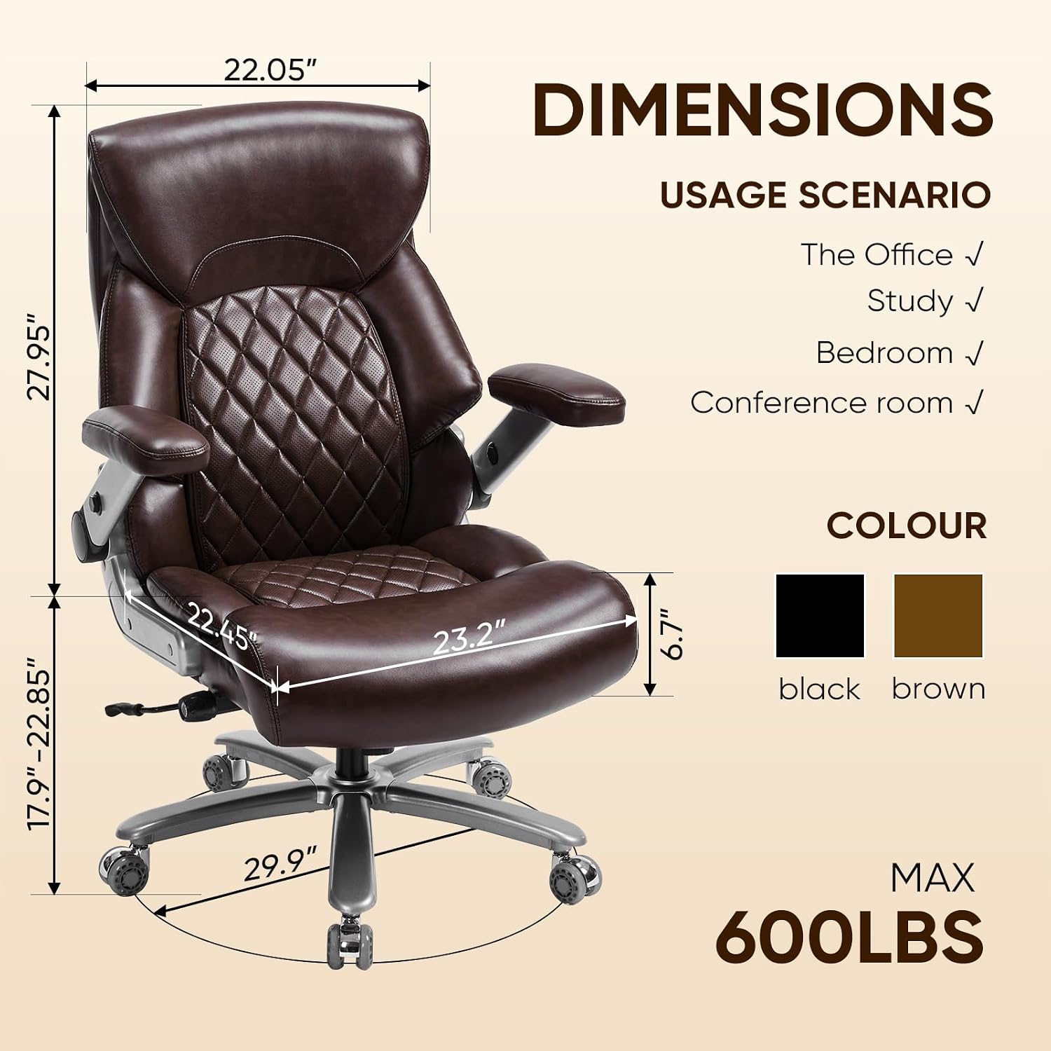 ZSQN 600 Lbs Big and Tall Office Chair, Plus Size Desk Chair with 6D Adjustable Flip Arms, Wide Comfortable Computer Chair with Adjustable Lumbar Support & Dual Rubber Wheels Brown