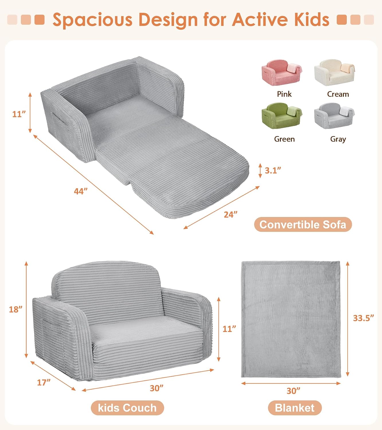 Extra Wide 2-in-1 Convertible Kids Couch | Large Corduroy Toddler Sofa Chair with Storage Pocket & Blanket | Foldable Foam Play Couch| Non-Toxic, for Boys & Girls, Grey