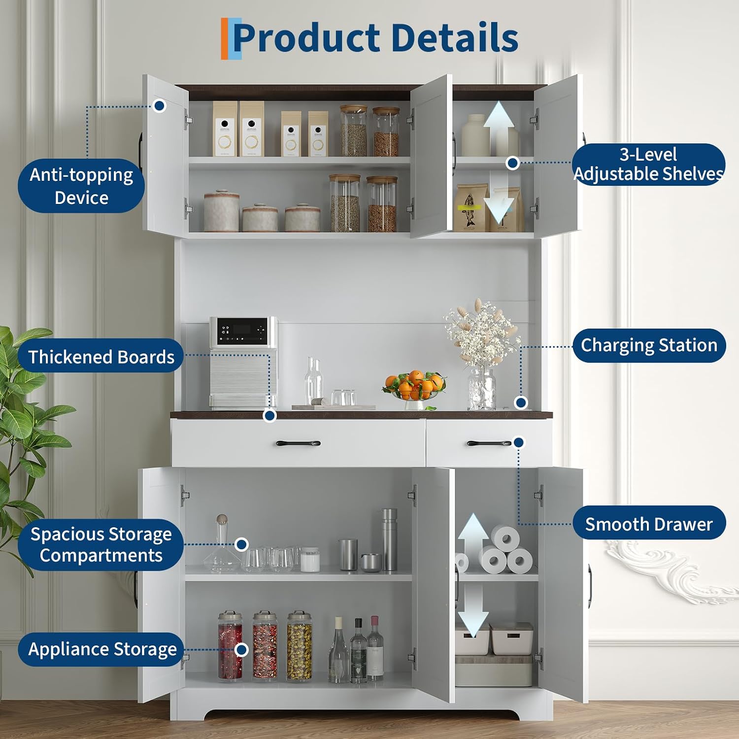 GarveeHome Farmhouse Kitchen Pantry Cabinet, 71" Tall Storage Cabinet with Charging Station, White Kitchen Hutch with Microwave Stand & Storage Drawers for Living Room, Dining Room