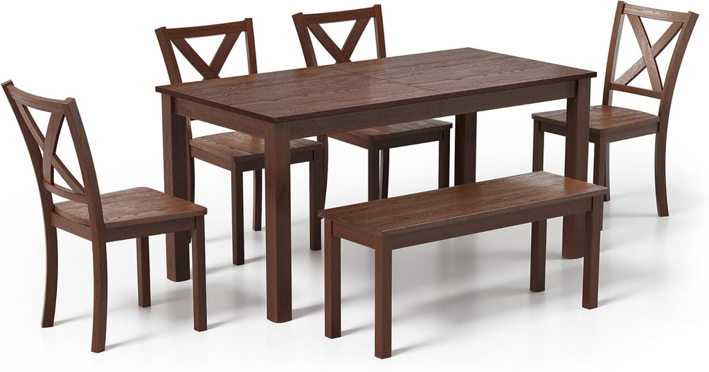 AMERLIFE 6-Piece Farmhouse Dining Table Set, 59" Wooden Kitchen Table with 4 Chairs and Bench, Space-Saving Rustic Dining Room Set for 6, Walnut