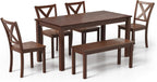 AMERLIFE 6-Piece Farmhouse Dining Table Set, 59" Wooden Kitchen Table with 4 Chairs and Bench, Space-Saving Rustic Dining Room Set for 6, Walnut