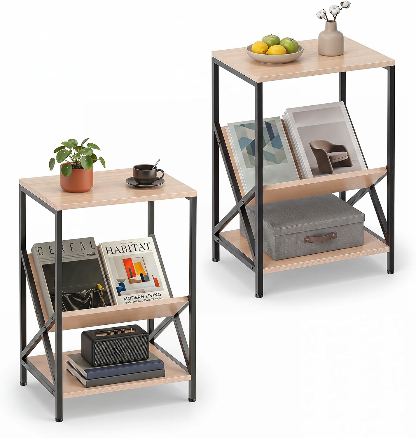 Tangkula Industrial Side Table, 3-Tier Accent End Table with Small Book Record Shelve, Metal Frame, Scratch-Resistant Top, Small Bookcase, Record Player Stand for Living Room, Bedroom (2, Beech)