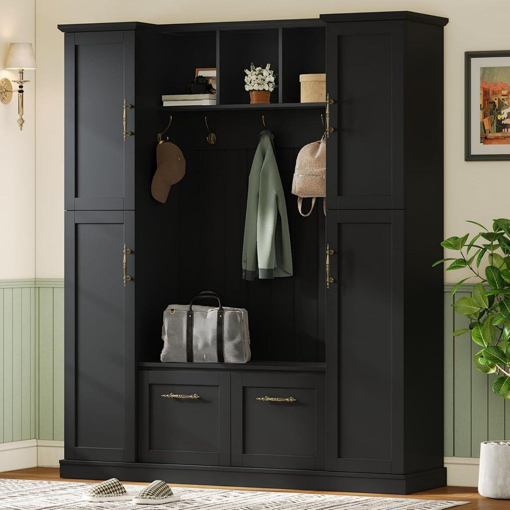 JIVOIT Farmhouse Hall Tree with 4 Side Cabinets, Adjustable Shelves & Open Cubbies, All-in-One Mudroom Furniture, Beadboard Entryway Bench with Coat Rack & 5 Hooks for Hallway (Black,152)